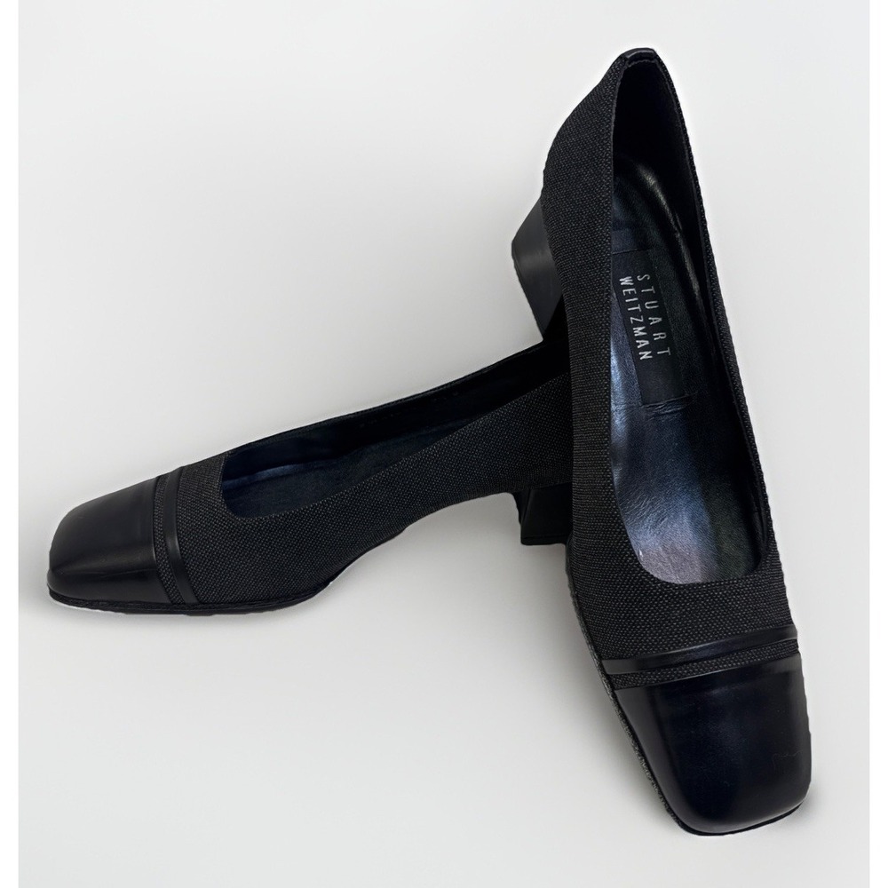 Stuart Weitzman 7.5m Black Fabric & Leather  Short Heel Pump Slide 2W69296‎